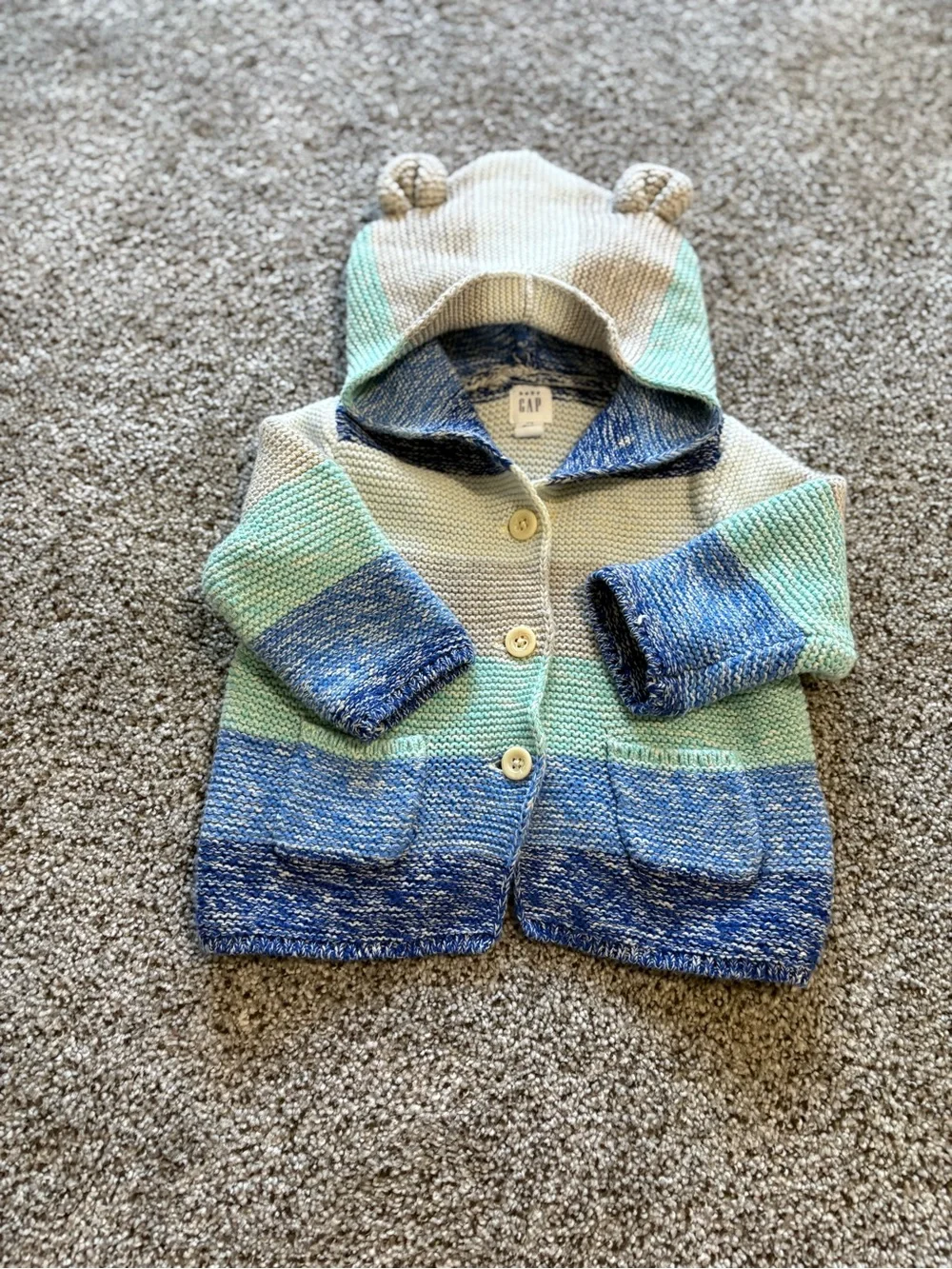 GAP 100% Cotton Striped Hooded Knit Cardigan - Blue, Mint & Cream